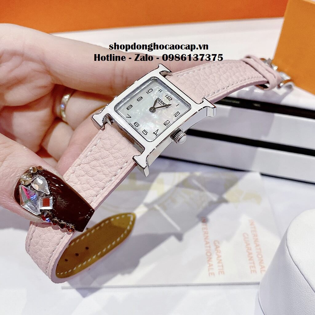 Đồng Hồ Nữ Hermes H Hour Small PM 21x21mm Dây Da Hồng Phấn