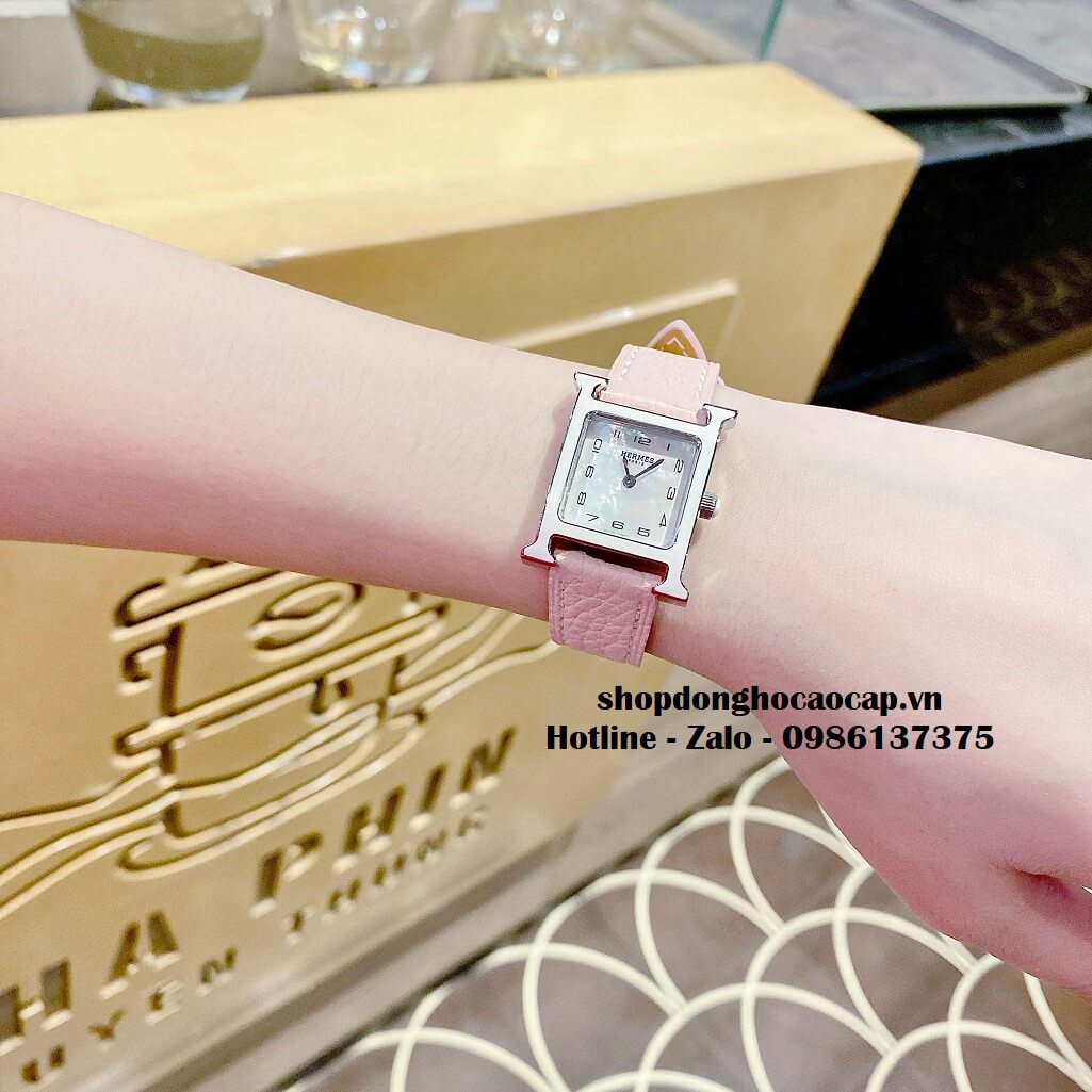 Đồng Hồ Nữ Hermes H Hour Small PM 21x21mm Dây Da Hồng Phấn