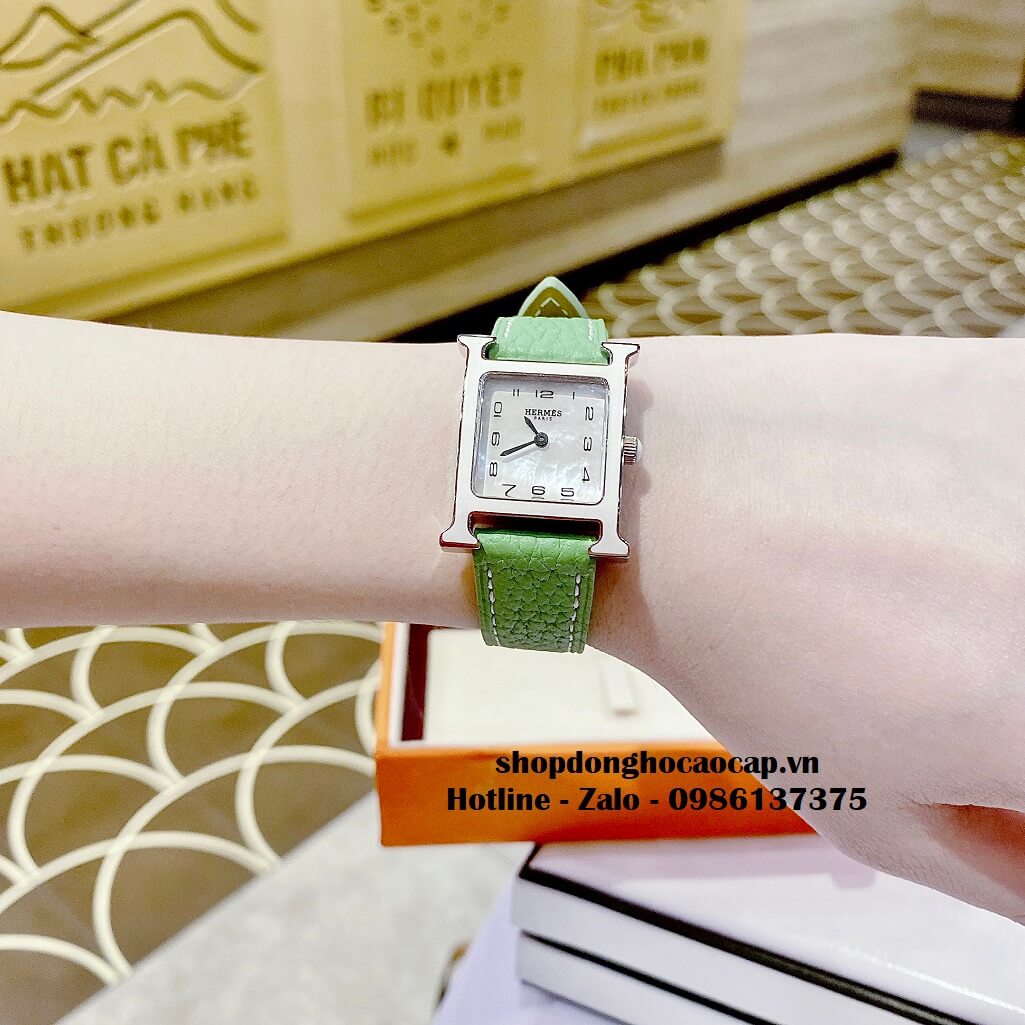 Đồng Hồ Nữ Hermes H Hour Small PM 21x21mm Dây Da Xanh Cốm