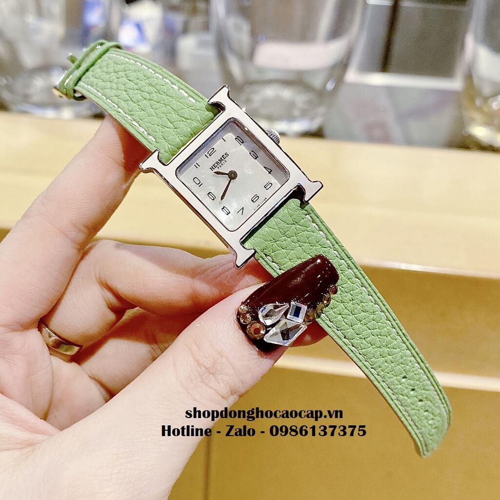 Đồng Hồ Nữ Hermes H Hour Small PM 21x21mm Dây Da Xanh Cốm