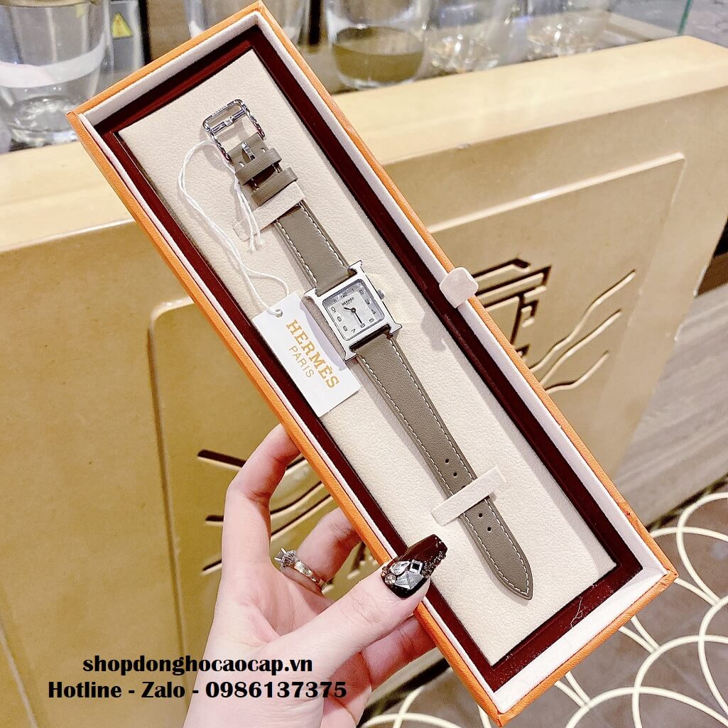 Đồng Hồ Nữ Hermes H Hour Small PM 21x21mm Dây Da Xám Nâu