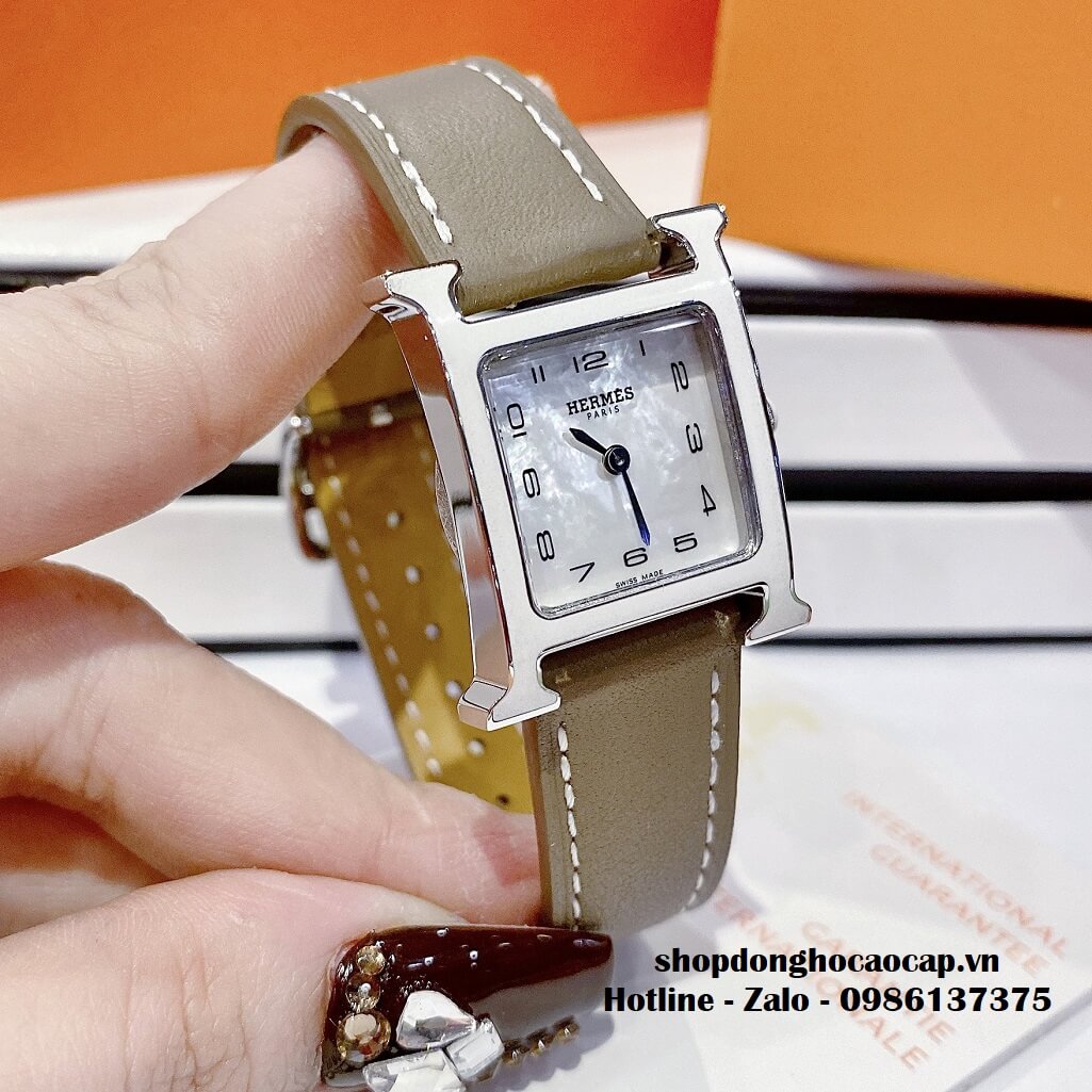 Đồng Hồ Nữ Hermes H Hour Small PM 21x21mm Dây Da Xám Nâu