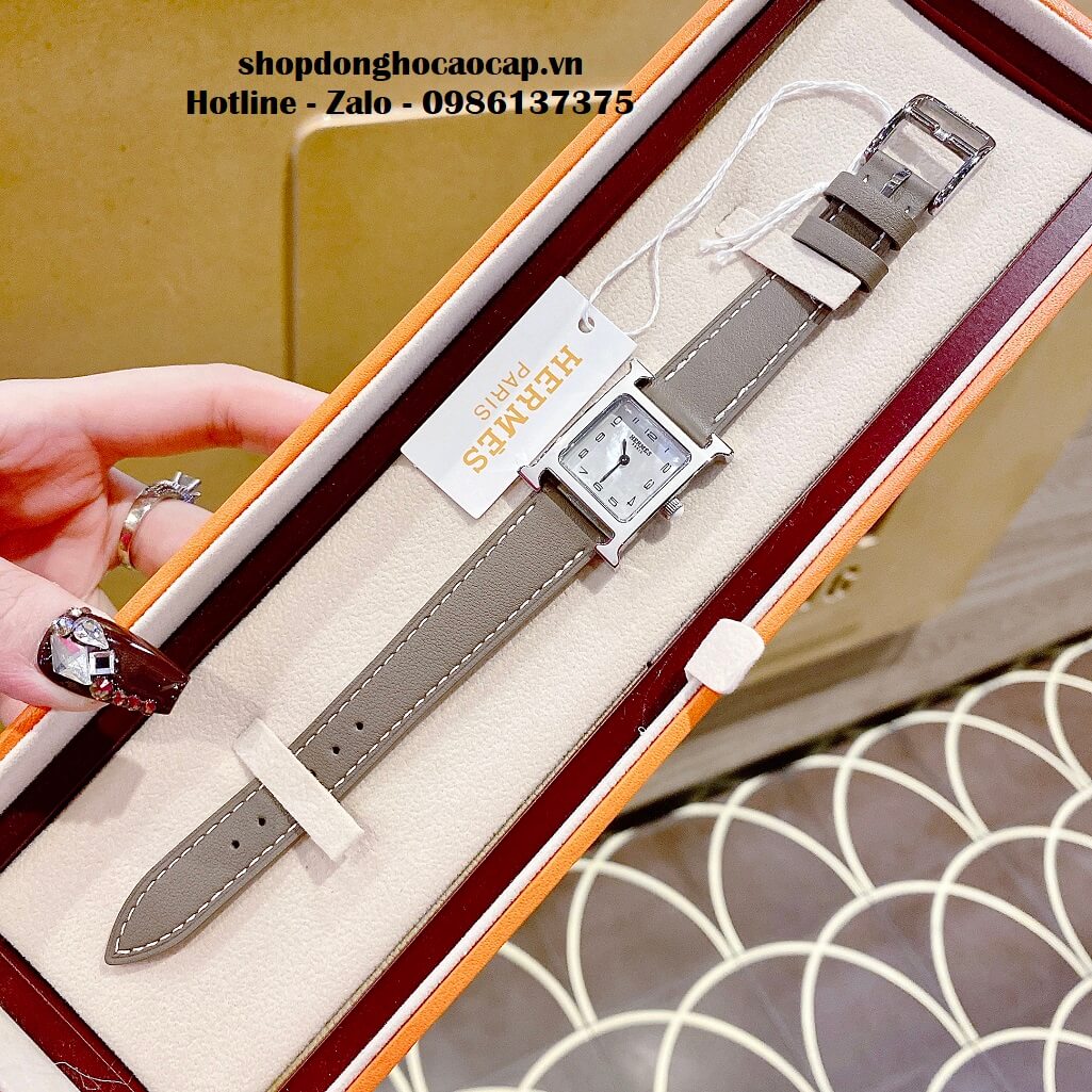 Đồng Hồ Nữ Hermes H Hour Small PM 21x21mm Dây Da Xám Nâu