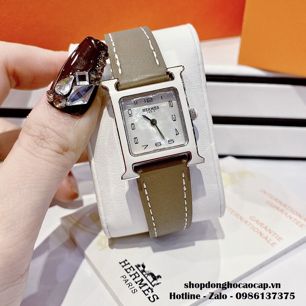 Đồng Hồ Nữ Hermes H Hour Small PM 21x21mm Dây Da Xám Nâu