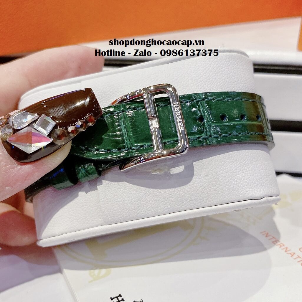 Đồng Hồ Nữ Hermes H Hour Small PM 21x21mm Dây Da Xanh Lục