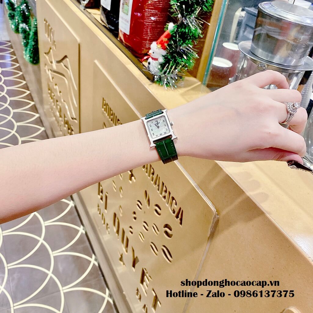 Đồng Hồ Nữ Hermes H Hour Small PM 21x21mm Dây Da Xanh Lục