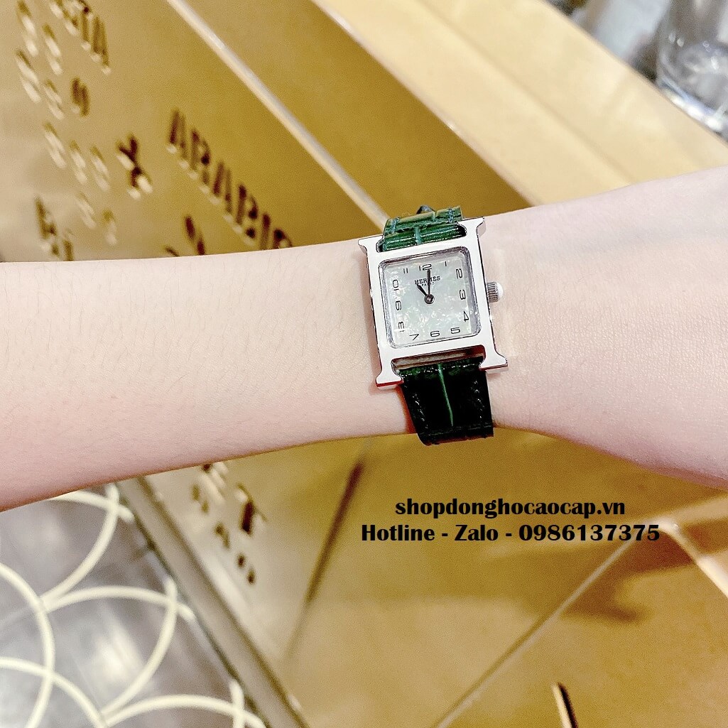 Đồng Hồ Nữ Hermes H Hour Small PM 21x21mm Dây Da Xanh Lục