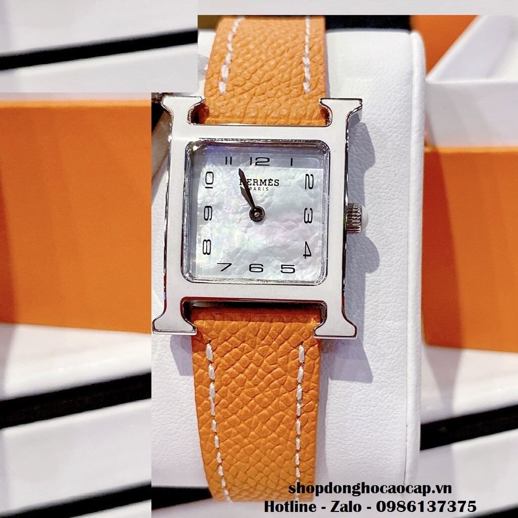 Đồng Hồ Nữ Hermes H Hour Small PM 21x21mm Dây Da Cam