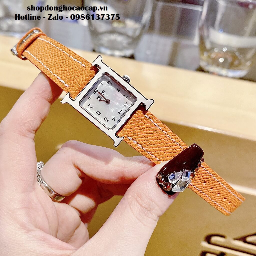 Đồng Hồ Nữ Hermes H Hour Small PM 21x21mm Dây Da Cam