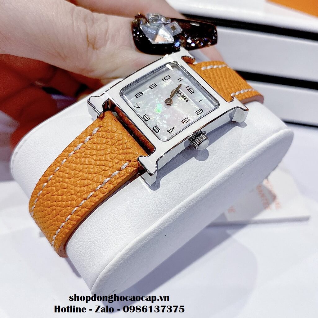 Đồng Hồ Nữ Hermes H Hour Small PM 21x21mm Dây Da Cam