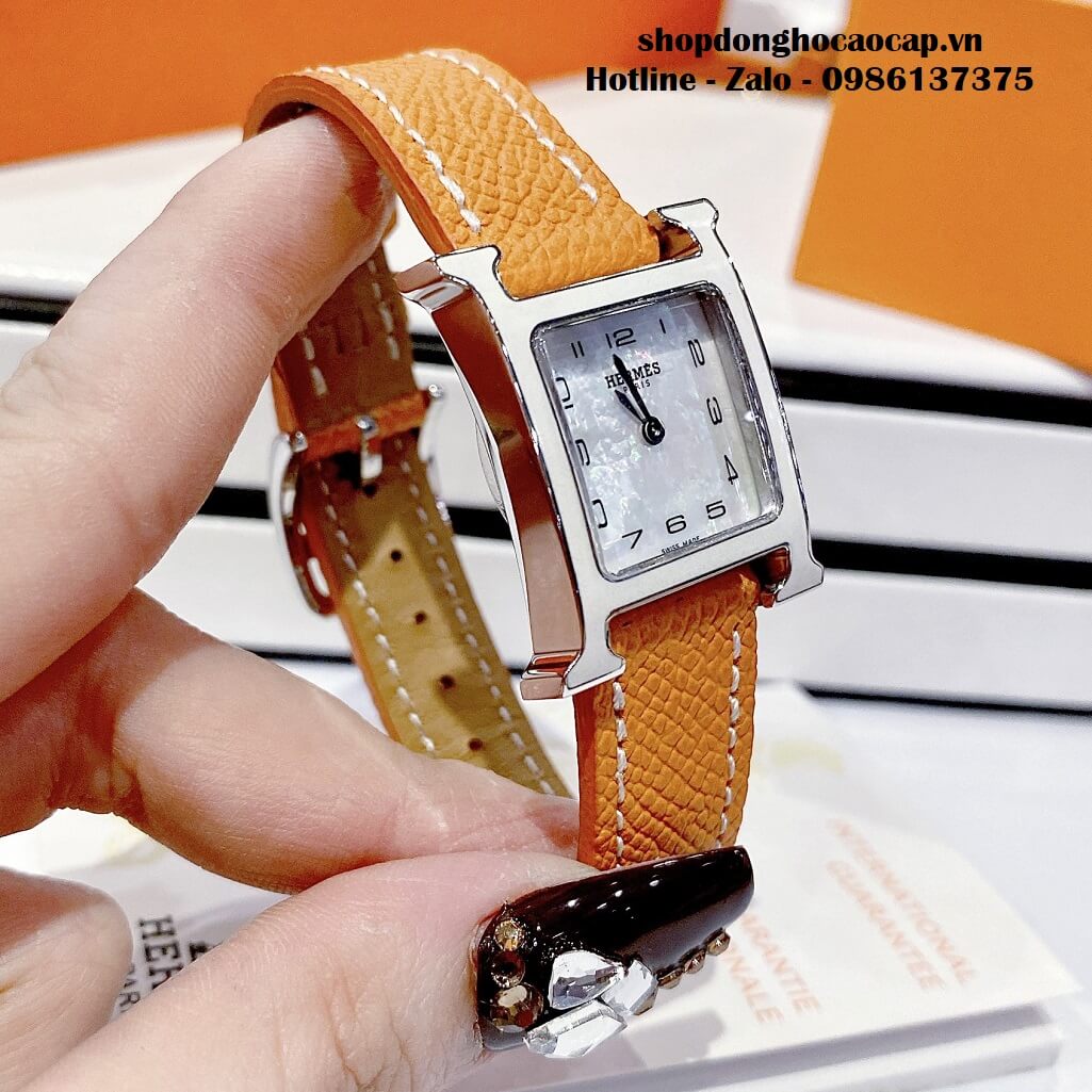 Đồng Hồ Nữ Hermes H Hour Small PM 21x21mm Dây Da Cam