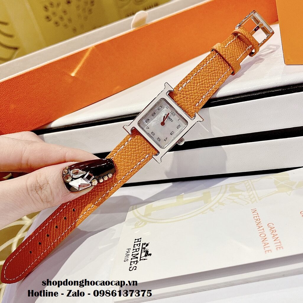 Đồng Hồ Nữ Hermes H Hour Small PM 21x21mm Dây Da Cam