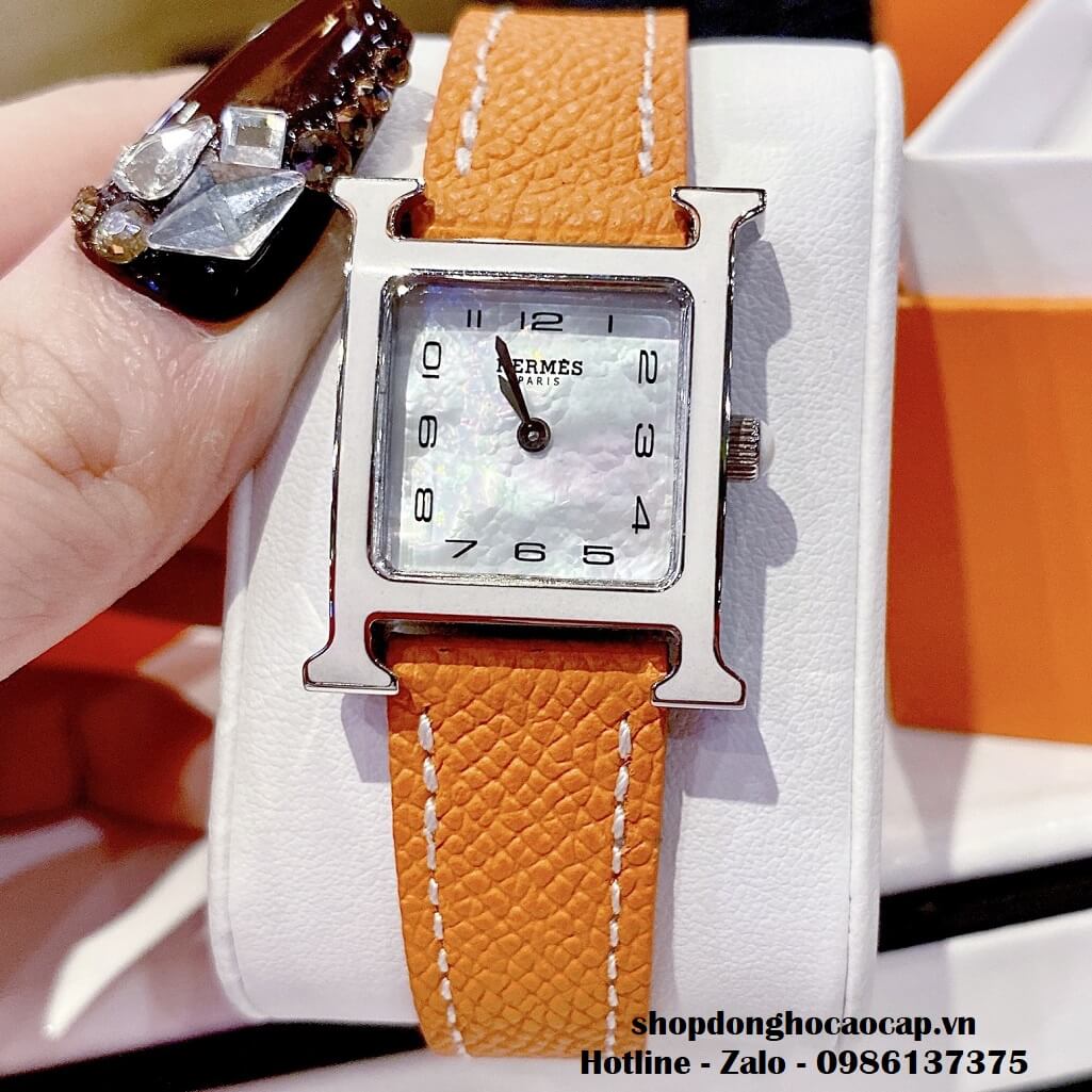 Đồng Hồ Nữ Hermes H Hour Small PM 21x21mm Dây Da Cam