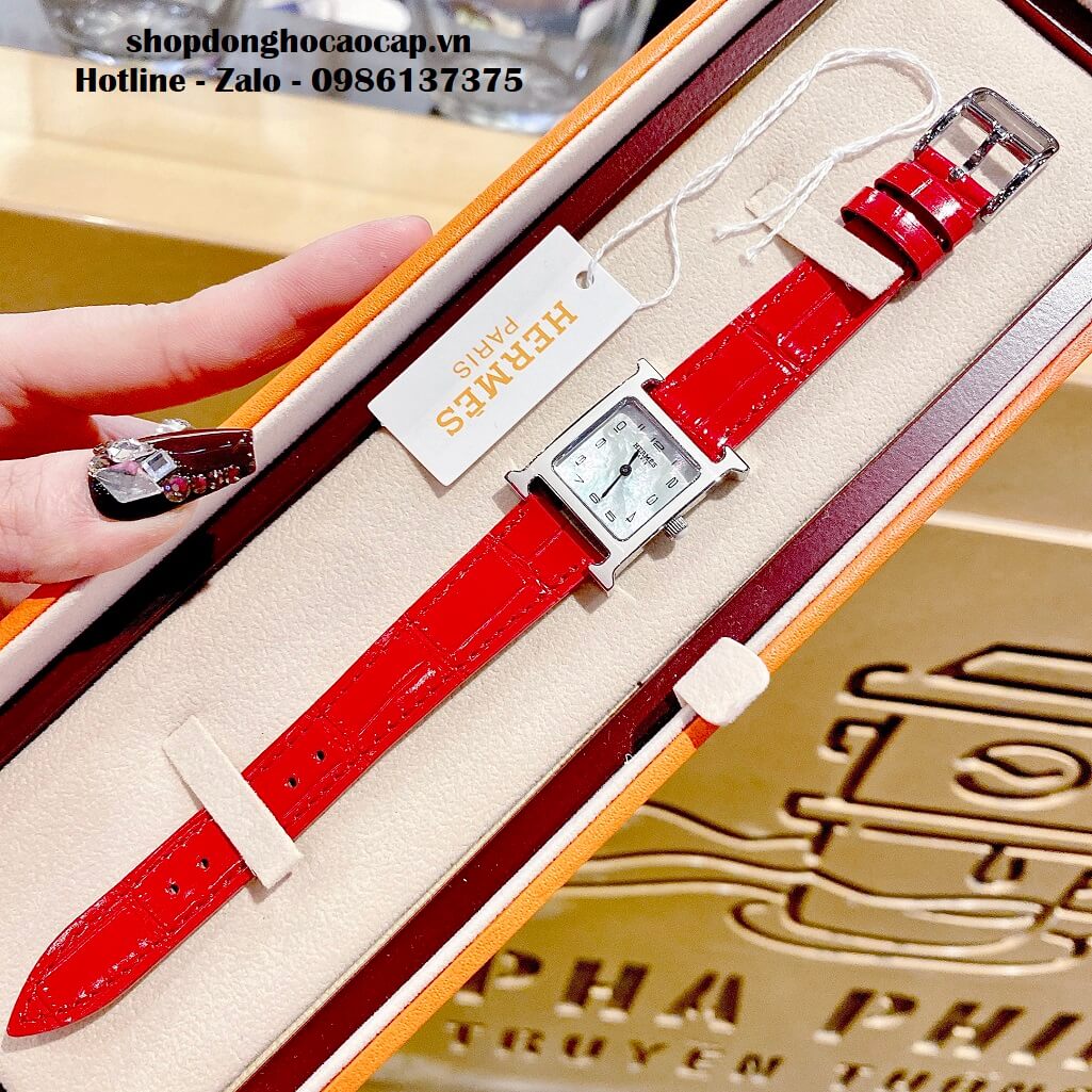 Đồng Hồ Nữ Hermes H Hour Small PM 21x21mm Dây Da Đỏ