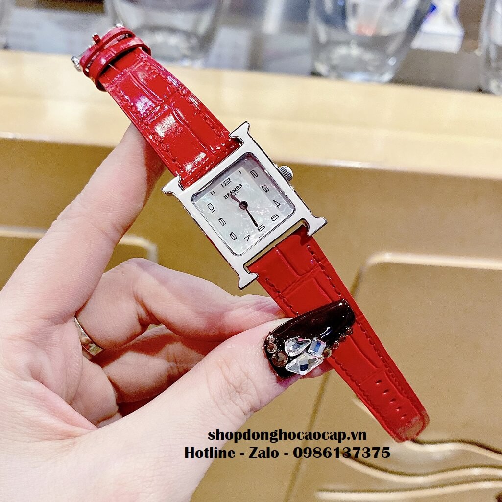 Đồng Hồ Nữ Hermes H Hour Small PM 21x21mm Dây Da Đỏ