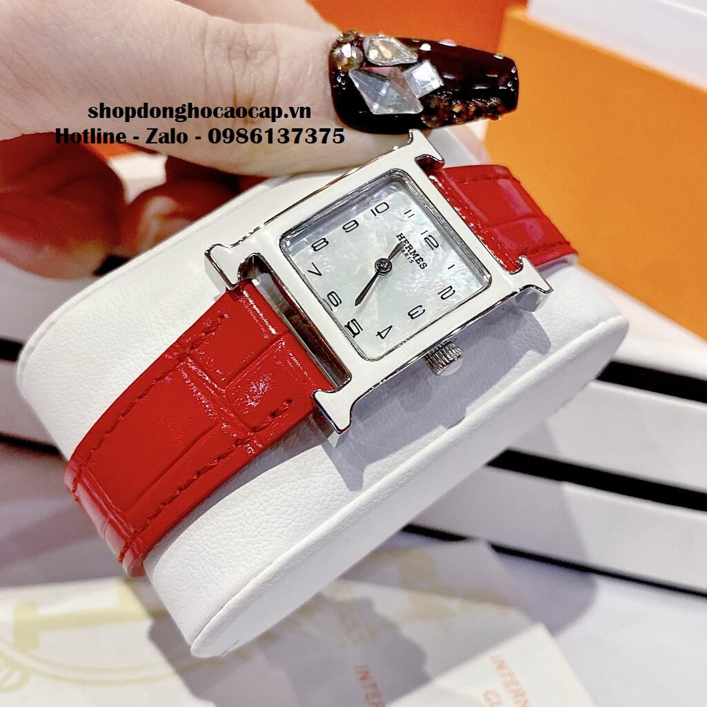 Đồng Hồ Nữ Hermes H Hour Small PM 21x21mm Dây Da Đỏ