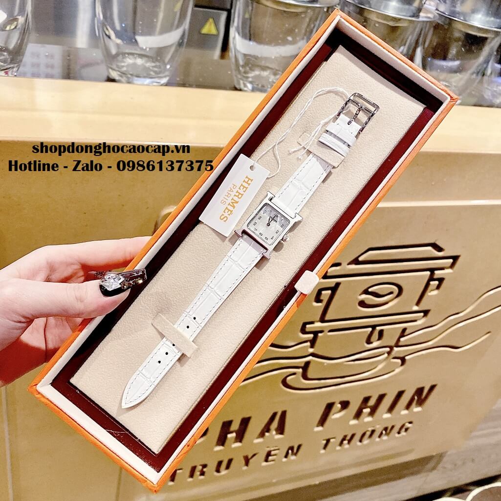 Đồng Hồ Nữ Hermes H Hour Small PM 21x21mm Dây Da Trắng