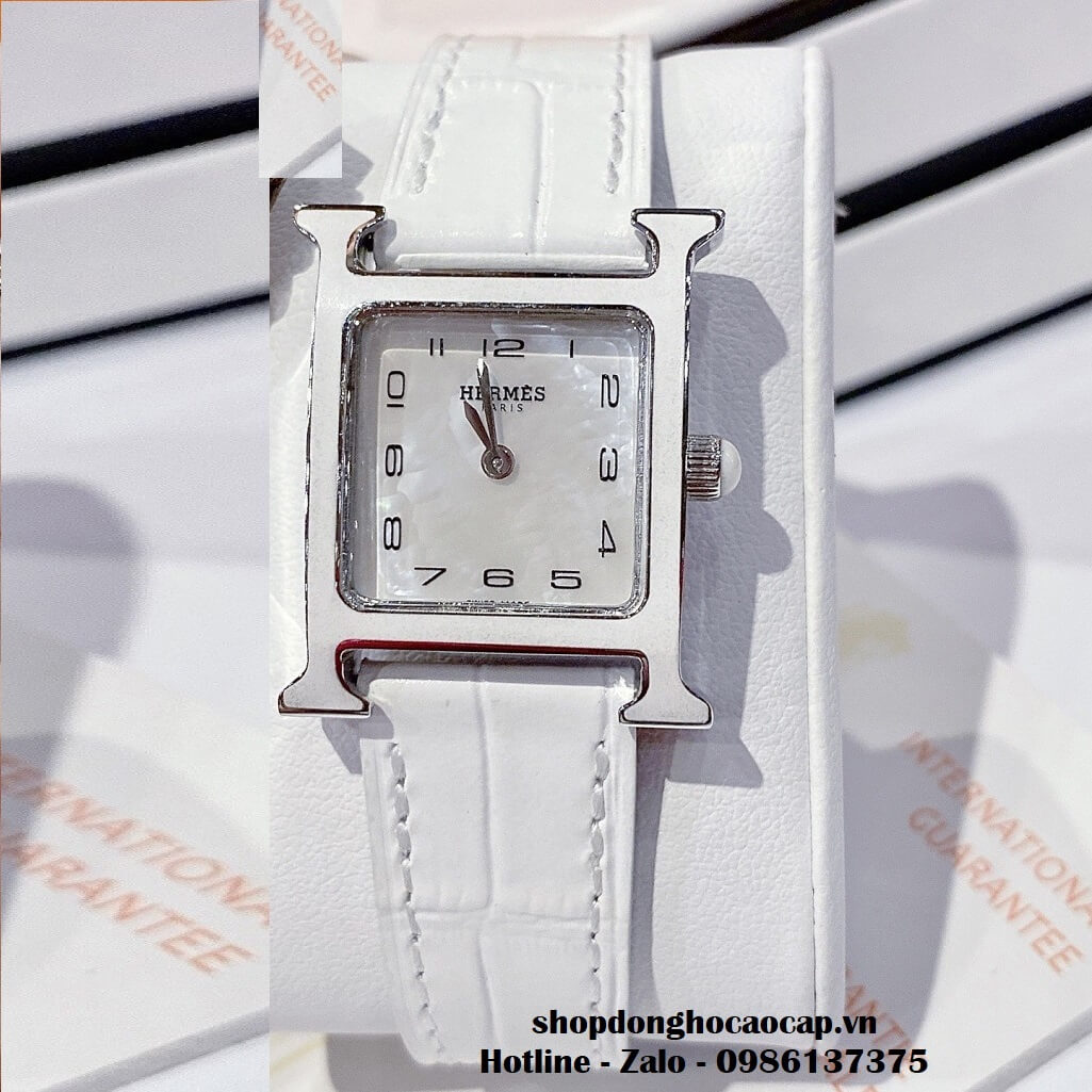 Đồng Hồ Nữ Hermes H Hour Small PM 21x21mm Dây Da Trắng