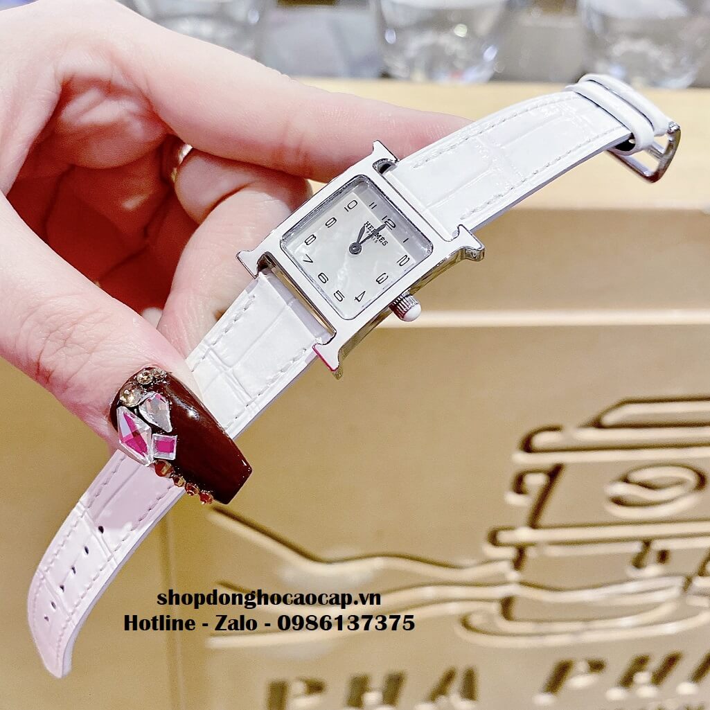 Đồng Hồ Nữ Hermes H Hour Small PM 21x21mm Dây Da Trắng