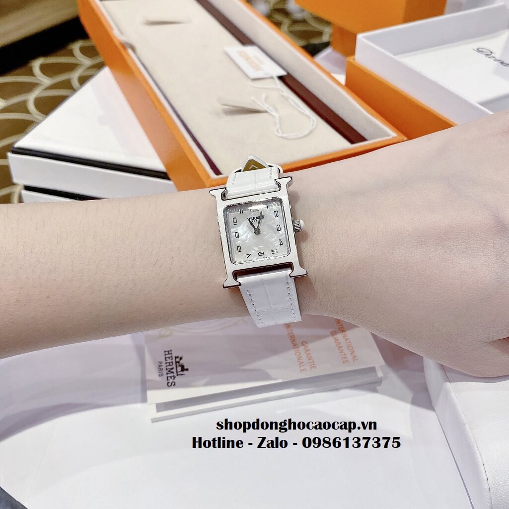 Đồng Hồ Nữ Hermes H Hour Small PM 21x21mm Dây Da Trắng