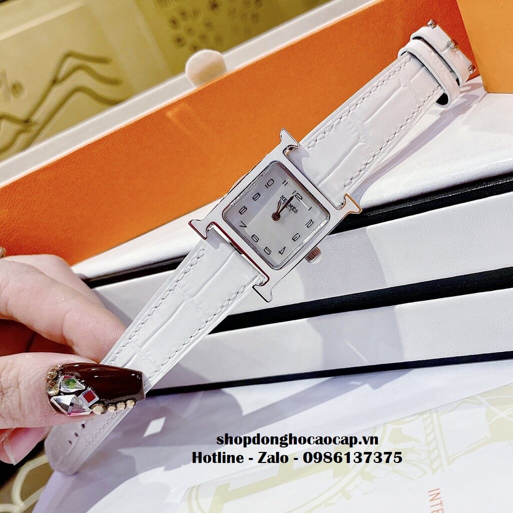 Đồng Hồ Nữ Hermes H Hour Small PM 21x21mm Dây Da Trắng