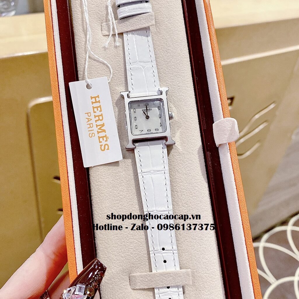 Đồng Hồ Nữ Hermes H Hour Small PM 21x21mm Dây Da Trắng