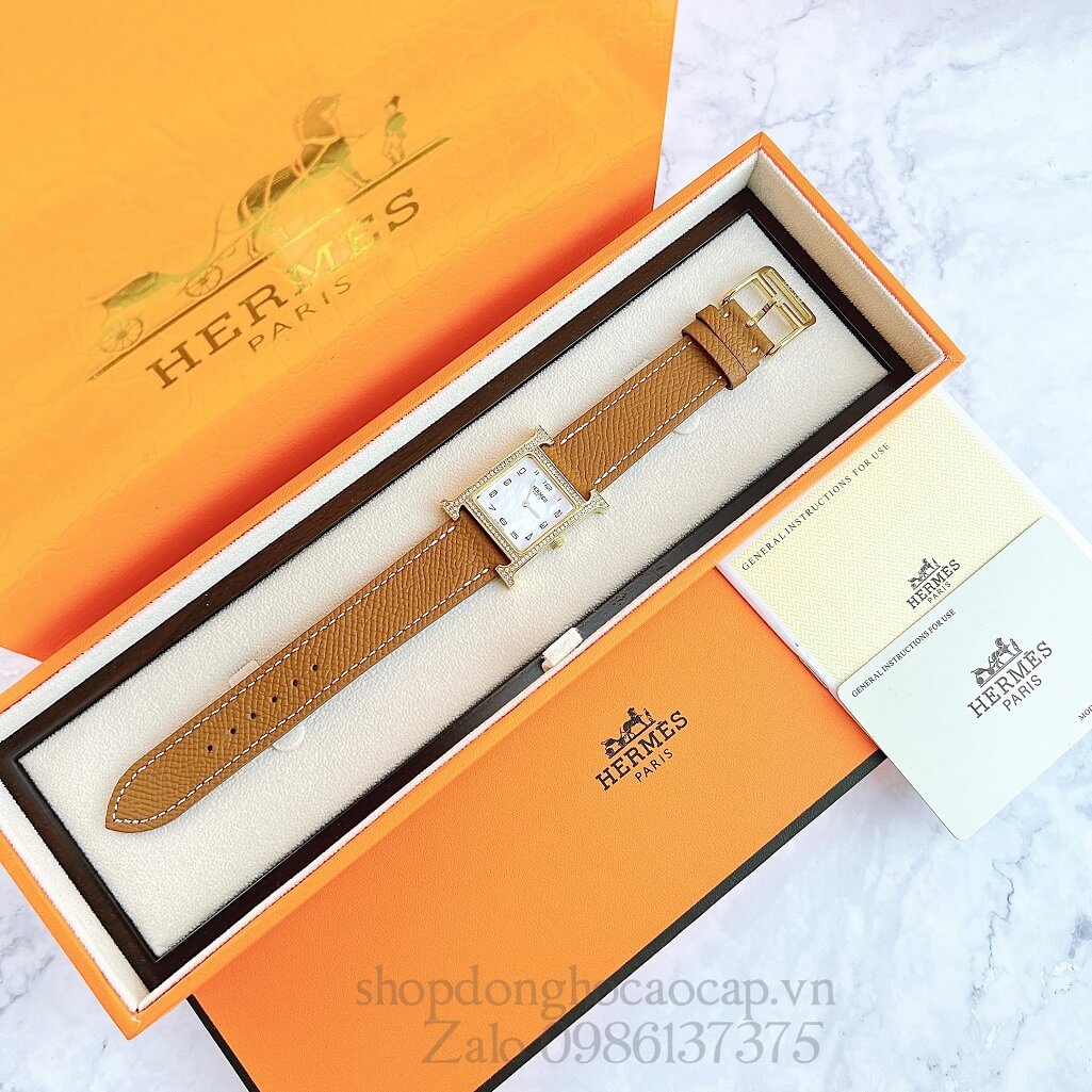 Đồng Hồ Hermes Heure H Nữ Siêu Cấp Dây Da Nâu Bò 26 x 26mm