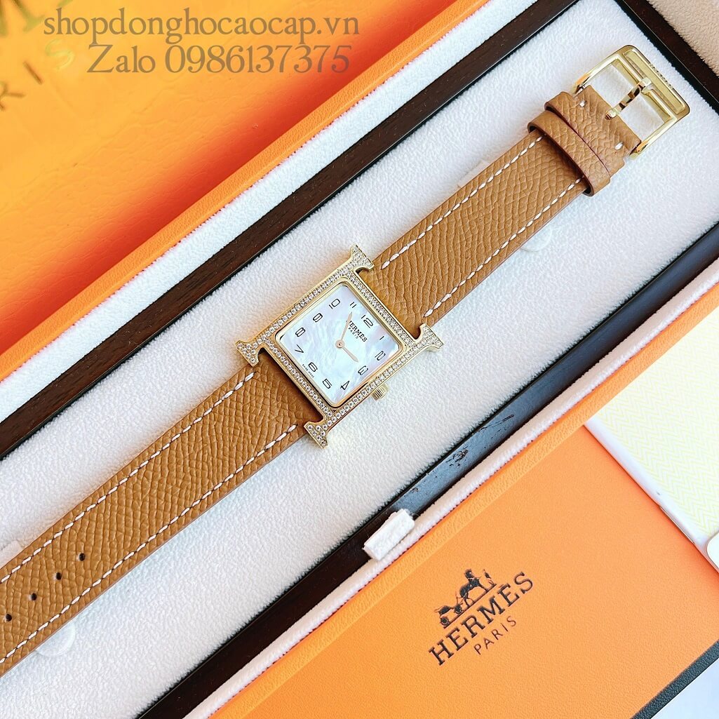 Đồng Hồ Hermes Heure H Nữ Siêu Cấp Dây Da Nâu Bò 26 x 26mm