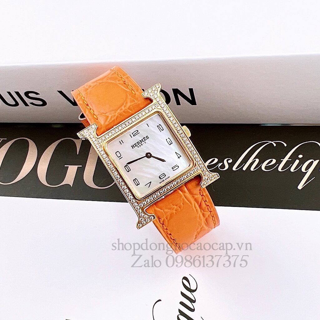 Đồng Hồ Hermes Heure H Nữ Siêu Cấp Dây Da Màu Cam 26x26mm