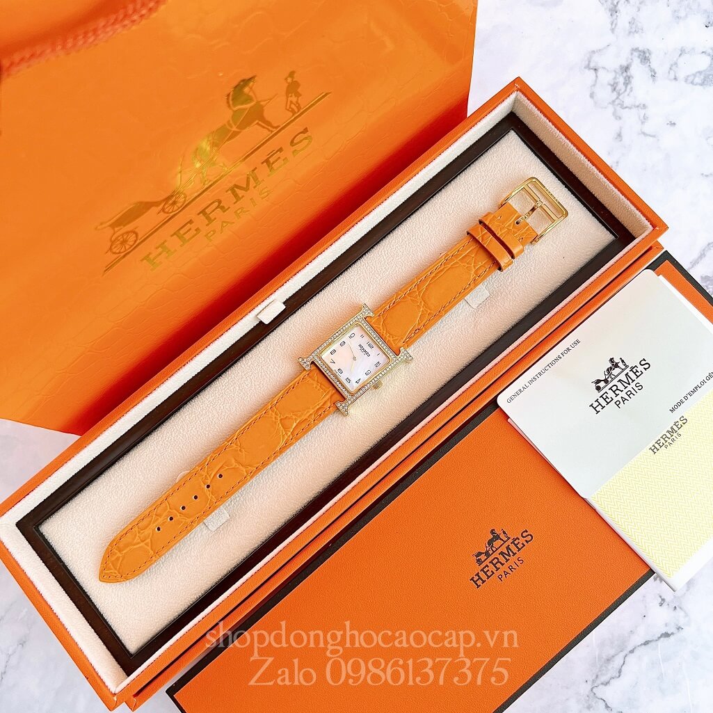 Đồng Hồ Hermes Heure H Nữ Siêu Cấp Dây Da Màu Cam 26x26mm