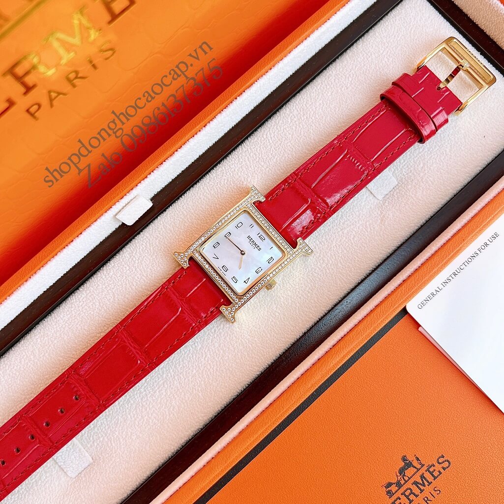 Đồng Hồ Hermes Heure H Nữ Siêu Cấp Dây Da Đỏ 26x26mm