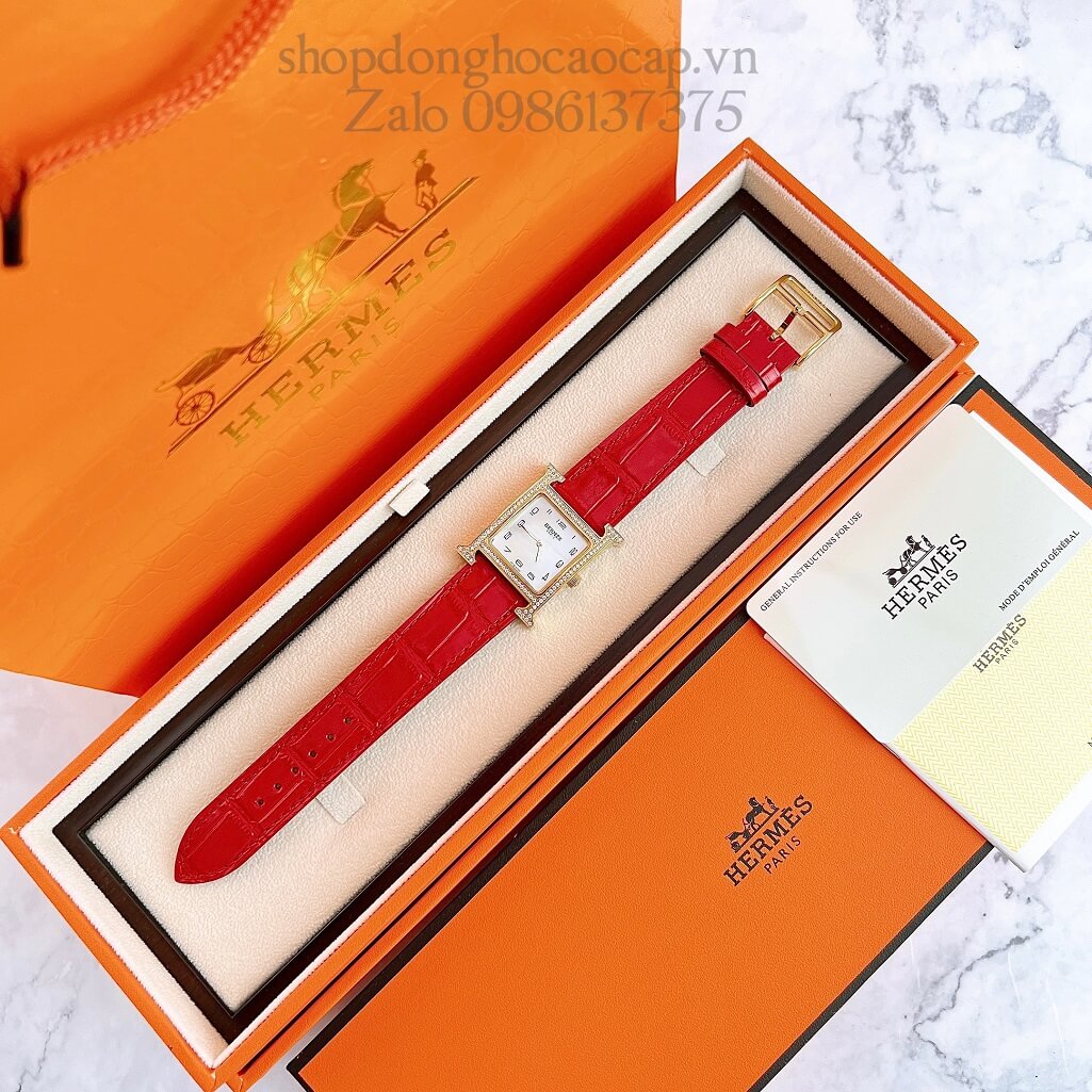 Đồng Hồ Hermes Heure H Nữ Siêu Cấp Dây Da Đỏ 26x26mm