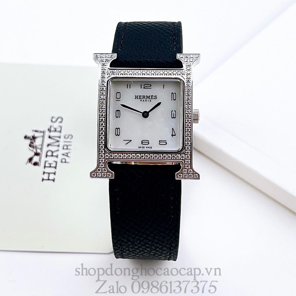 Đồng Hồ Hermes Heure H Siêu Cấp Nữ Dây Da Đen Silver 26x26mm