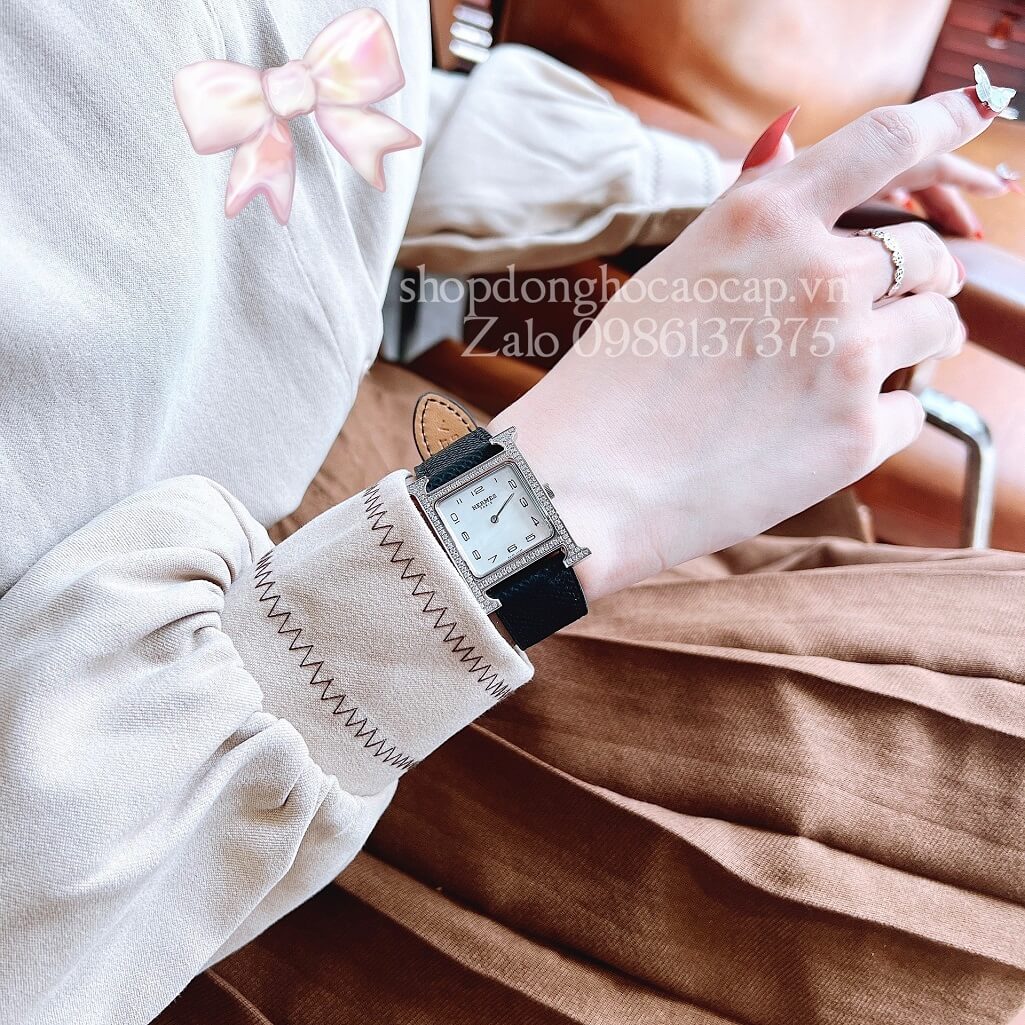 Đồng Hồ Hermes Heure H Nữ Siêu Cấp Dây Da Đen Silver 26x26mm