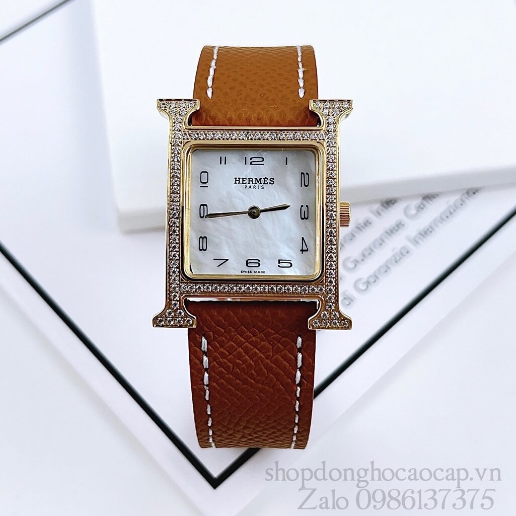 Đồng Hồ Hermes Heure H Nữ Siêu Cấp Dây Da Nâu Bò 26x26mm
