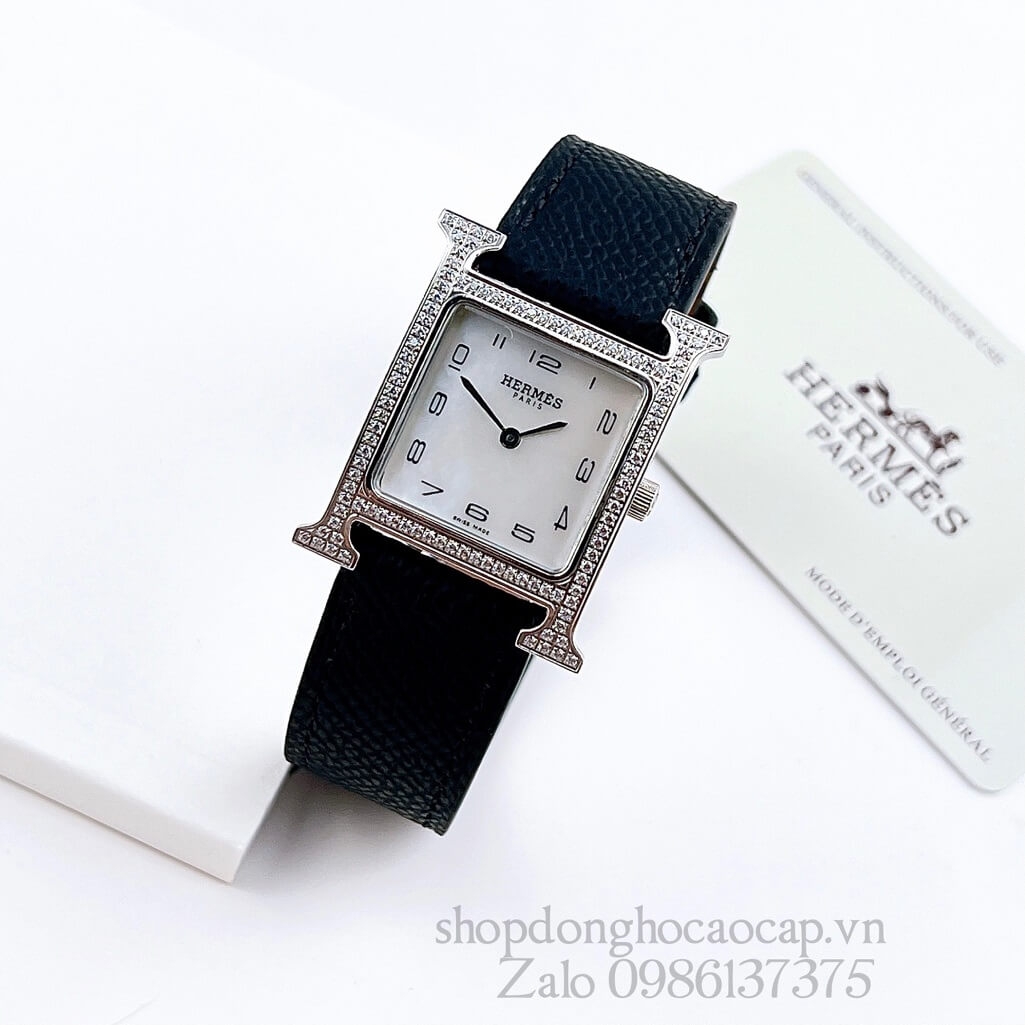 Đồng Hồ Hermes Heure H Nữ Siêu Cấp Dây Da Đen Silver 26x26mm