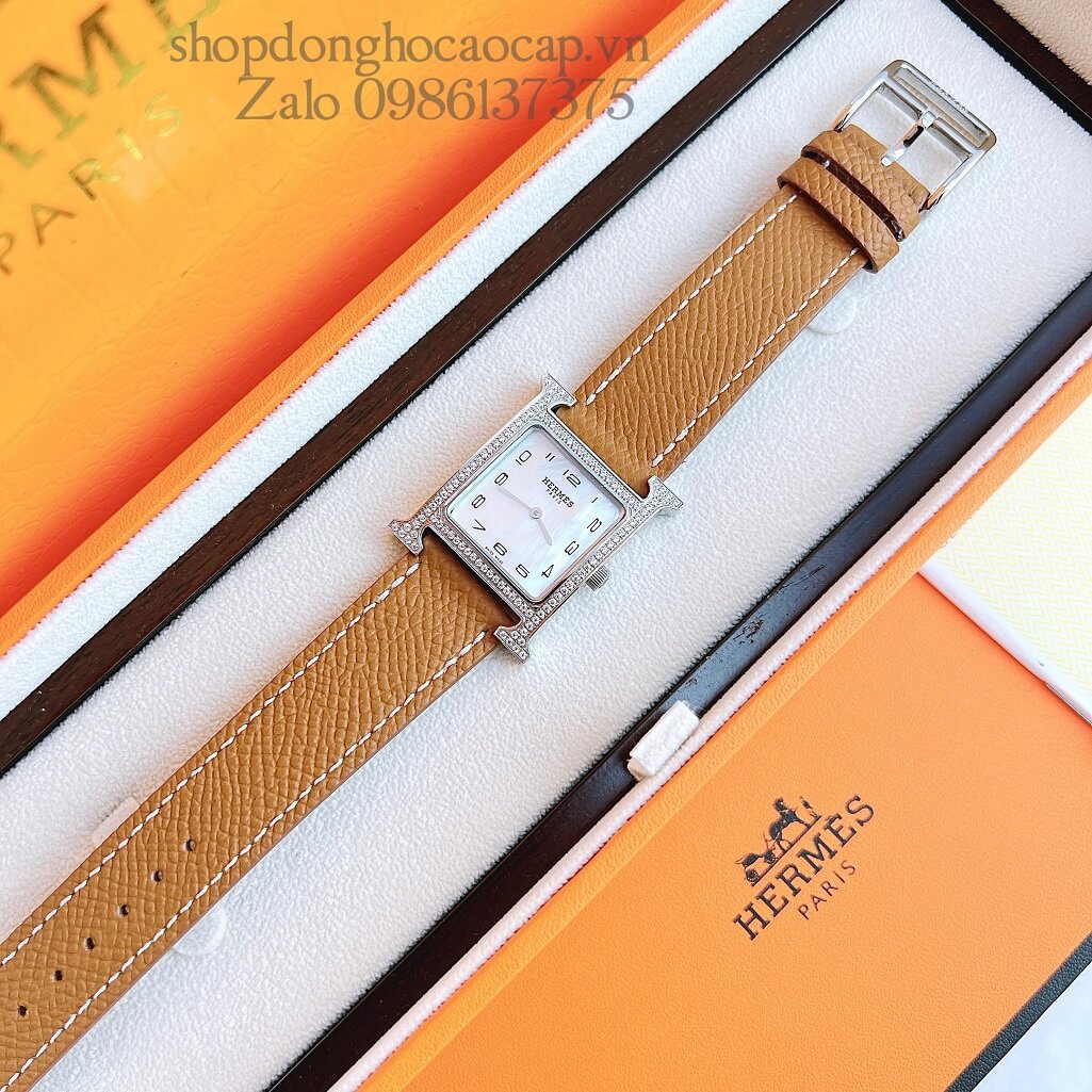 Đồng Hồ Hermes Heure H Nữ Siêu Cấp Dây Da Nâu Bò Silver 26x26mm