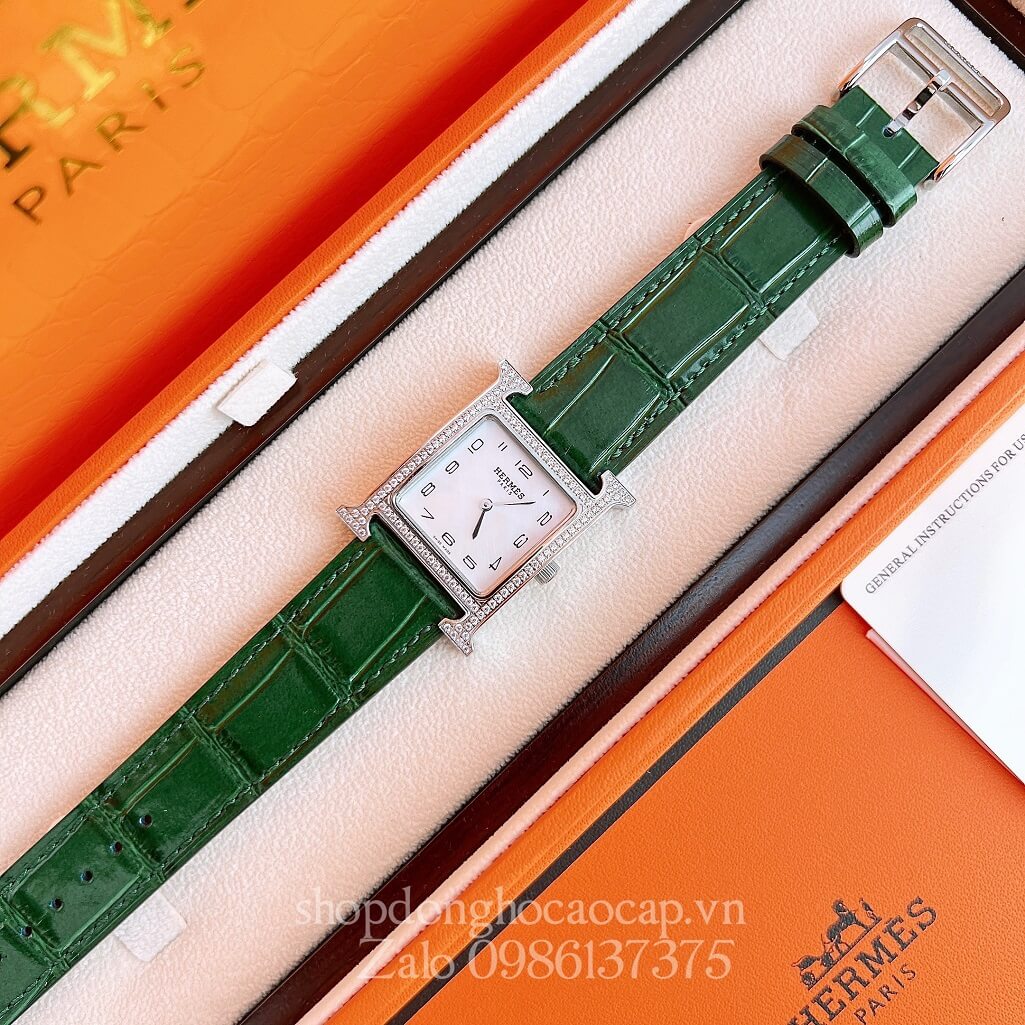 Đồng Hồ Hermes Heure H Nữ Siêu Cấp Dây Da Xanh Lá Silver 26x26mm