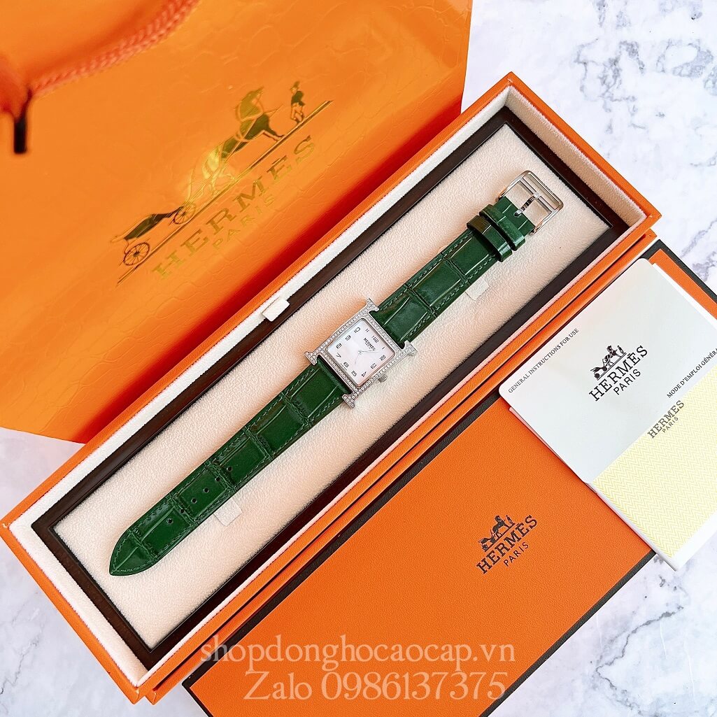 Đồng Hồ Hermes Heure H Nữ Siêu Cấp Dây Da Xanh Lá Silver 26x26mm