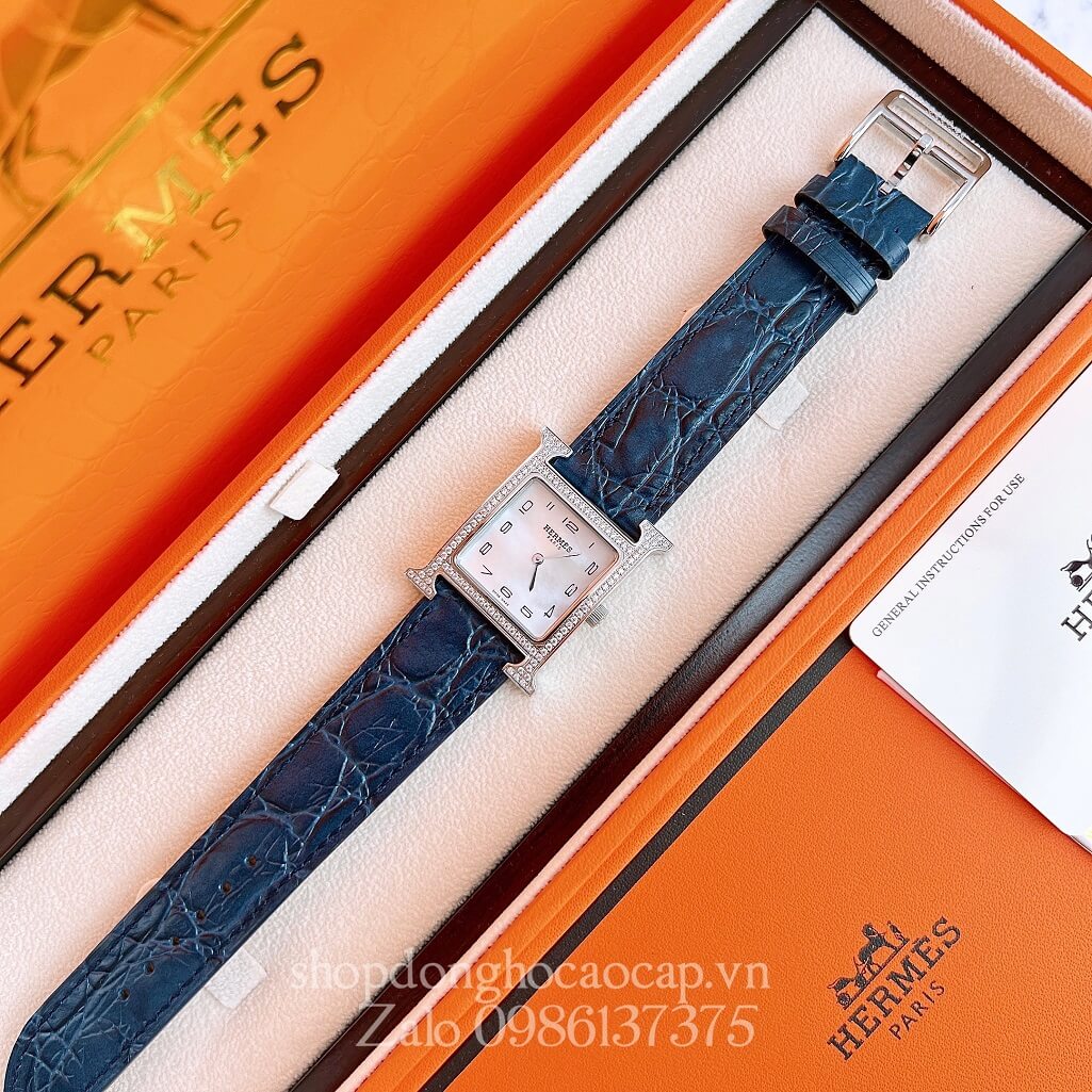 Đồng Hồ Hermes Heure H Nữ Siêu Cấp Dây Da Xanh Dương Silver 26x26mm