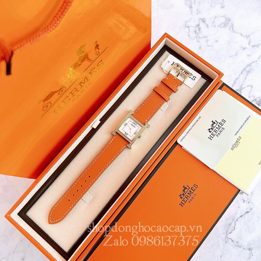 Đồng Hồ Hermes Heure H Double Jeu Siêu Cấp Nữ Dây Da Cam 26x26mm