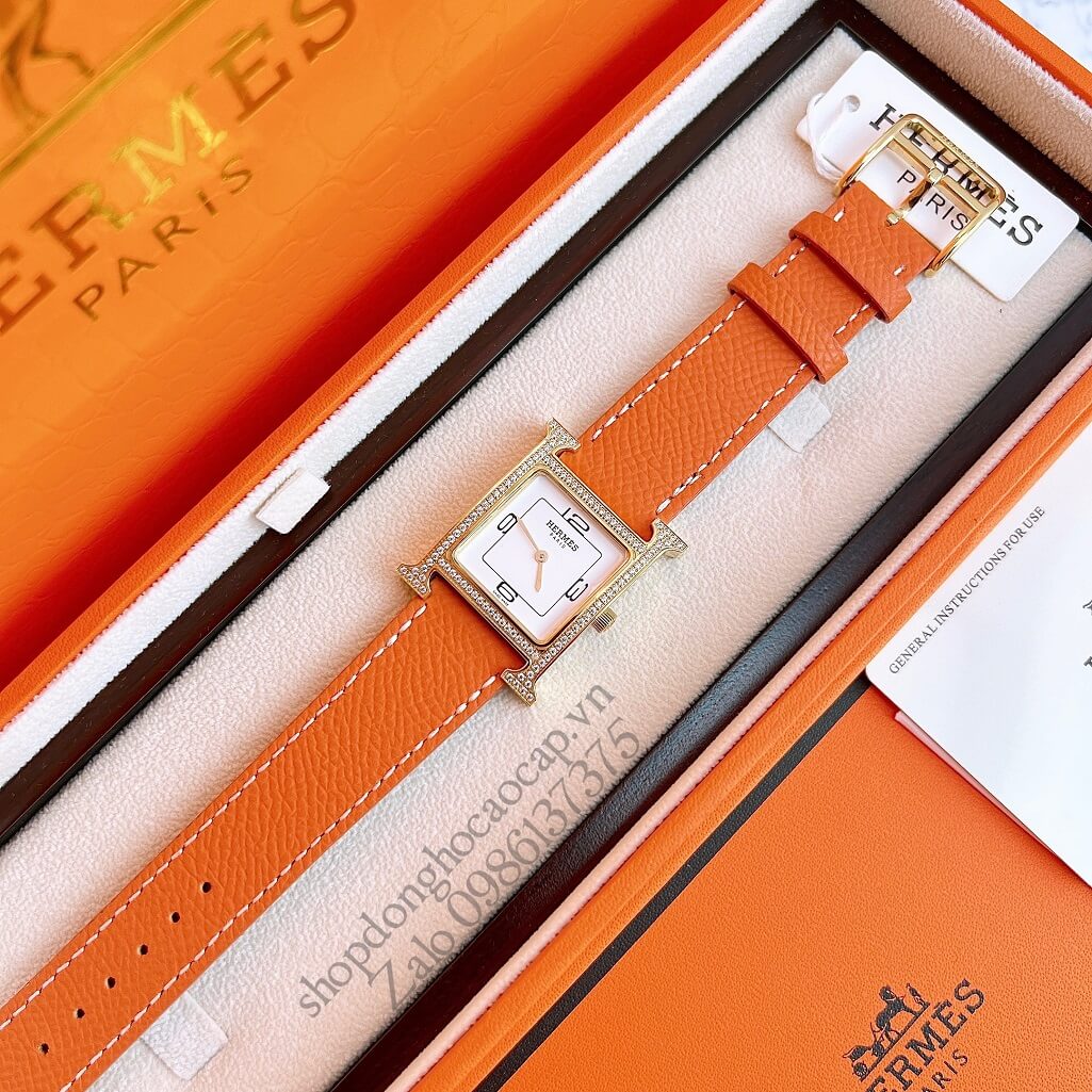 Đồng Hồ Hermes Heure H Double Jeu Siêu Cấp Nữ Dây Da Cam 26x26mm