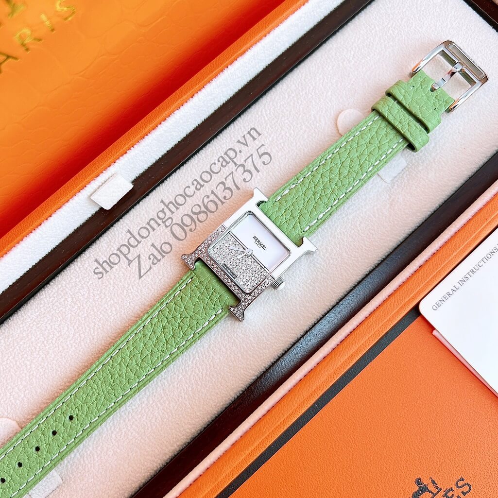 Đồng Hồ Hermes Heure H Double Jeu Diamond 21x21mm - Xanh Cốm