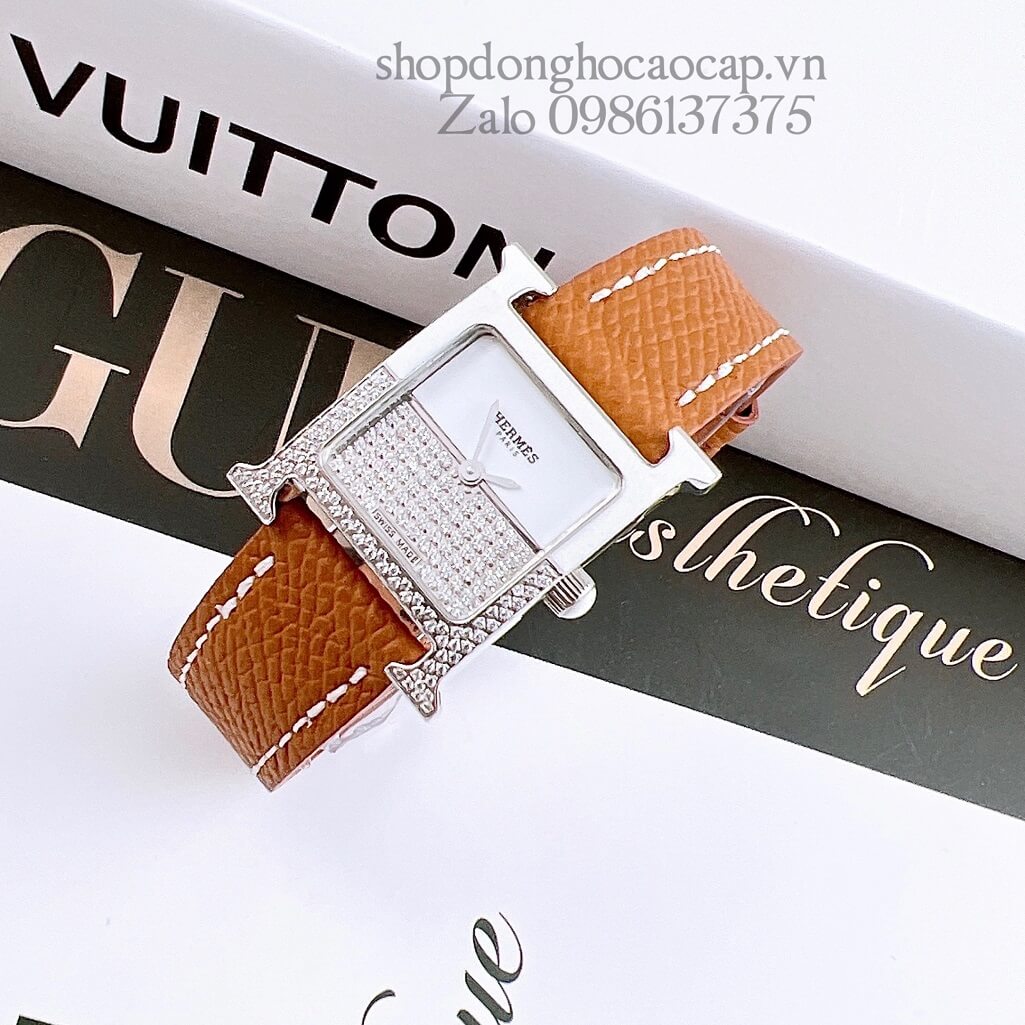 Đồng Hồ Hermes Heure H Double Jeu Diamond 21x21mm - Nâu Cam