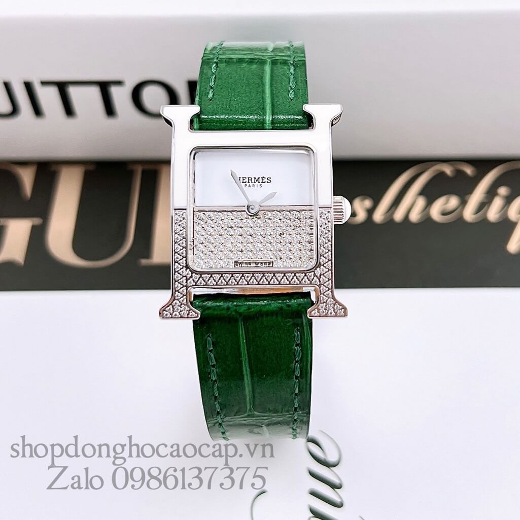 Đồng Hồ Hermes Heure H Double Jeu Diamond 21x21mm - Xanh Lá