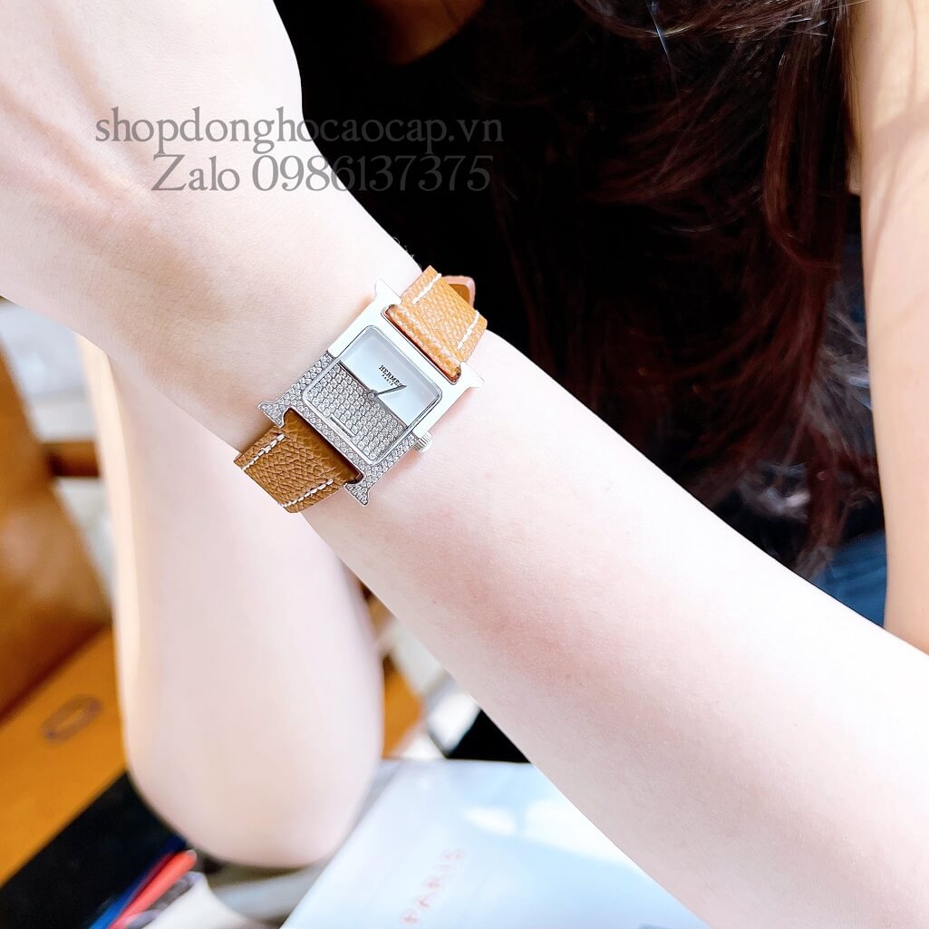Đồng Hồ Hermes Heure H Double Jeu Diamond 21x21mm - Nâu Cam