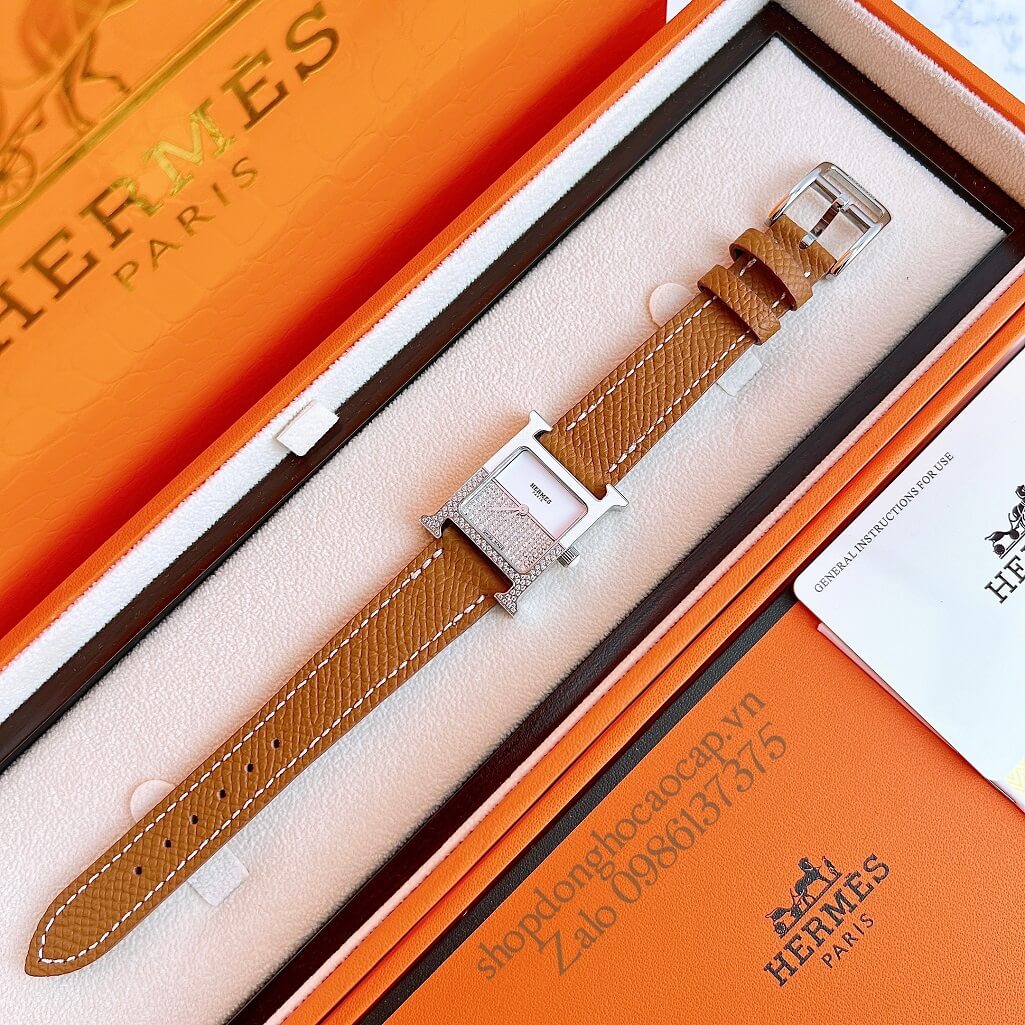 Đồng Hồ Hermes Heure H Double Jeu Diamond 21x21mm - Nâu Cam