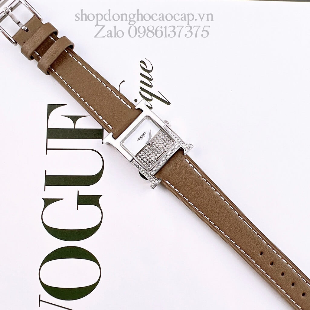Đồng Hồ Hermes Heure H Double Jeu Diamond 21x21mm - Nâu Nude