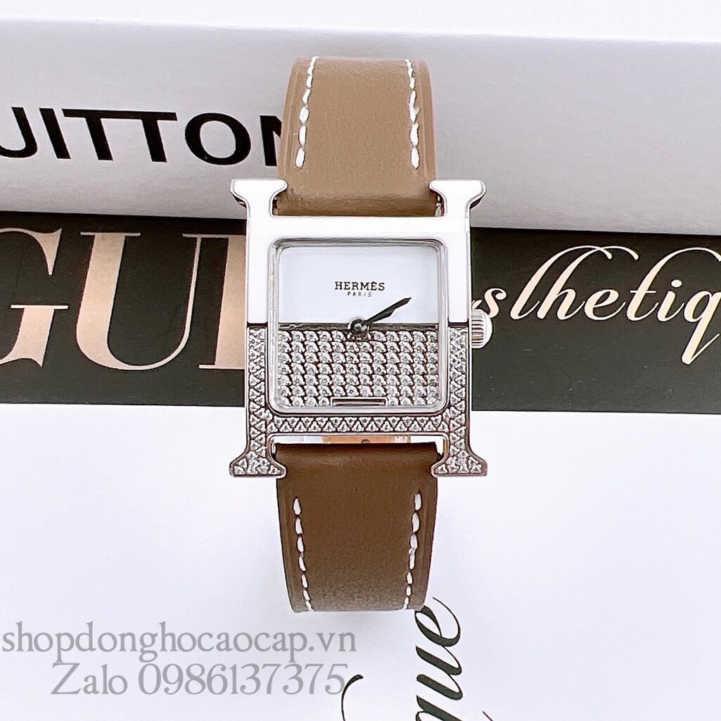 Đồng Hồ Hermes Heure H Double Jeu Diamond 21x21mm - Nâu Nude