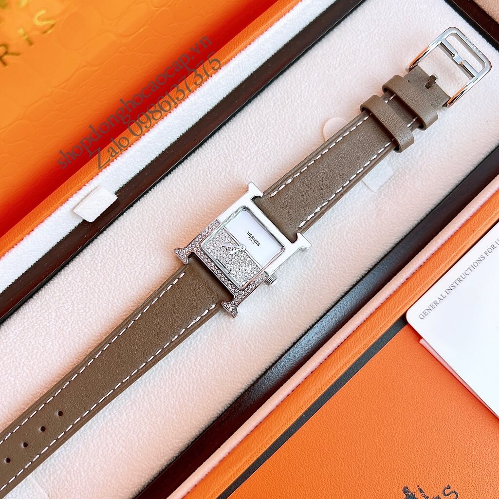 Đồng Hồ Hermes Heure H Double Jeu Diamond 21x21mm - Nâu Nude